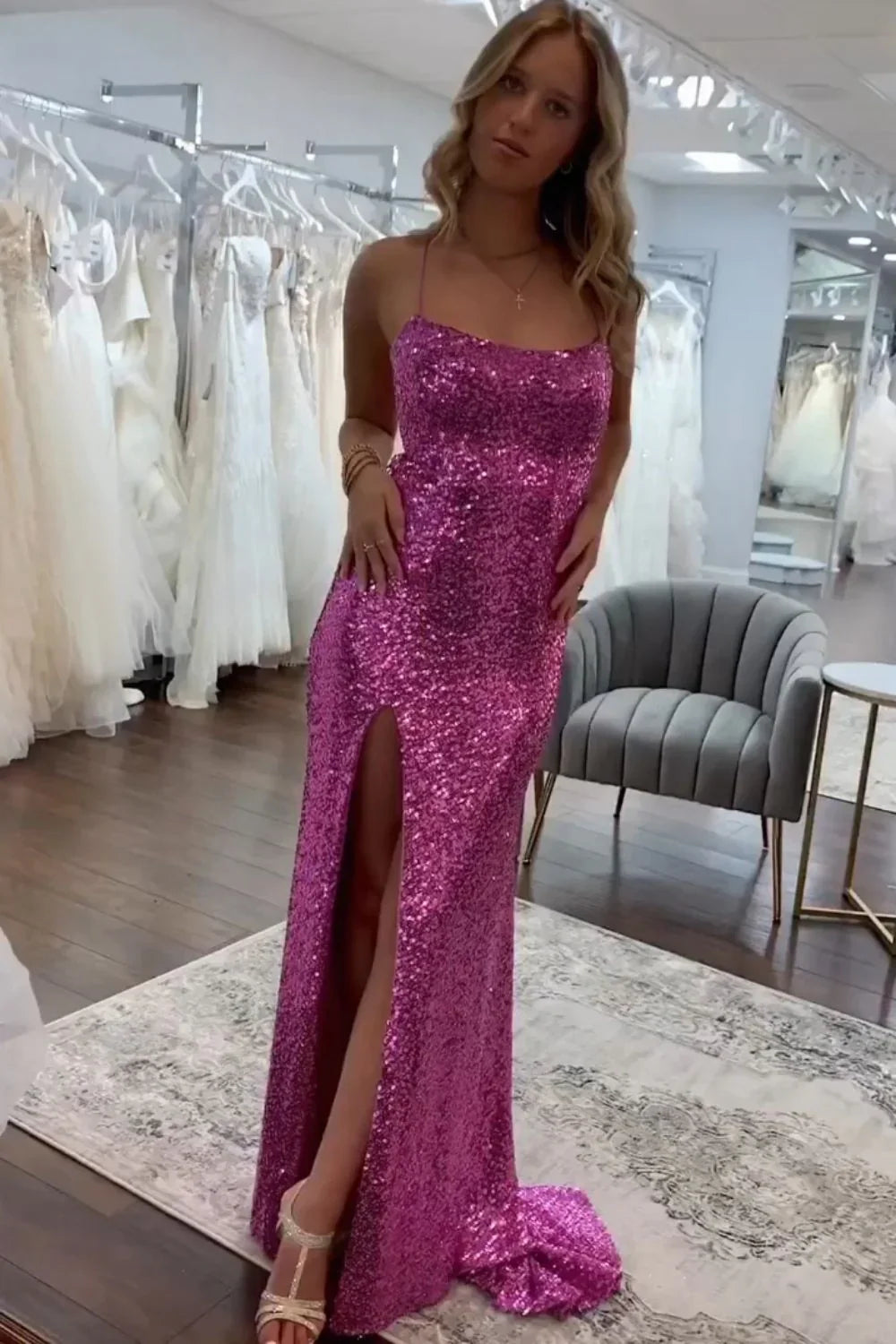 Sparkly Bateau Spaghetti Straps Sequins Mermaid Party Prom Dress
