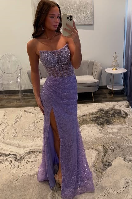 Sparkly Bateau Strapless Beaded Sequins Party Prom Dress With Slit