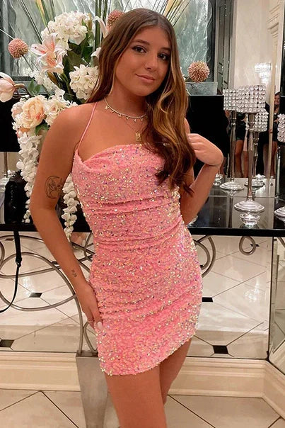 Sparkly Bodycon Fully Sequins Lace Up Homecoming Dress