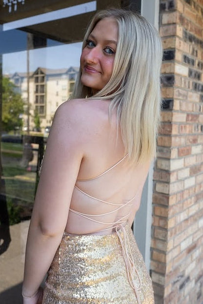 Sparkly Bodycon V-Neck Lace-Up Mini Homecoming Dress