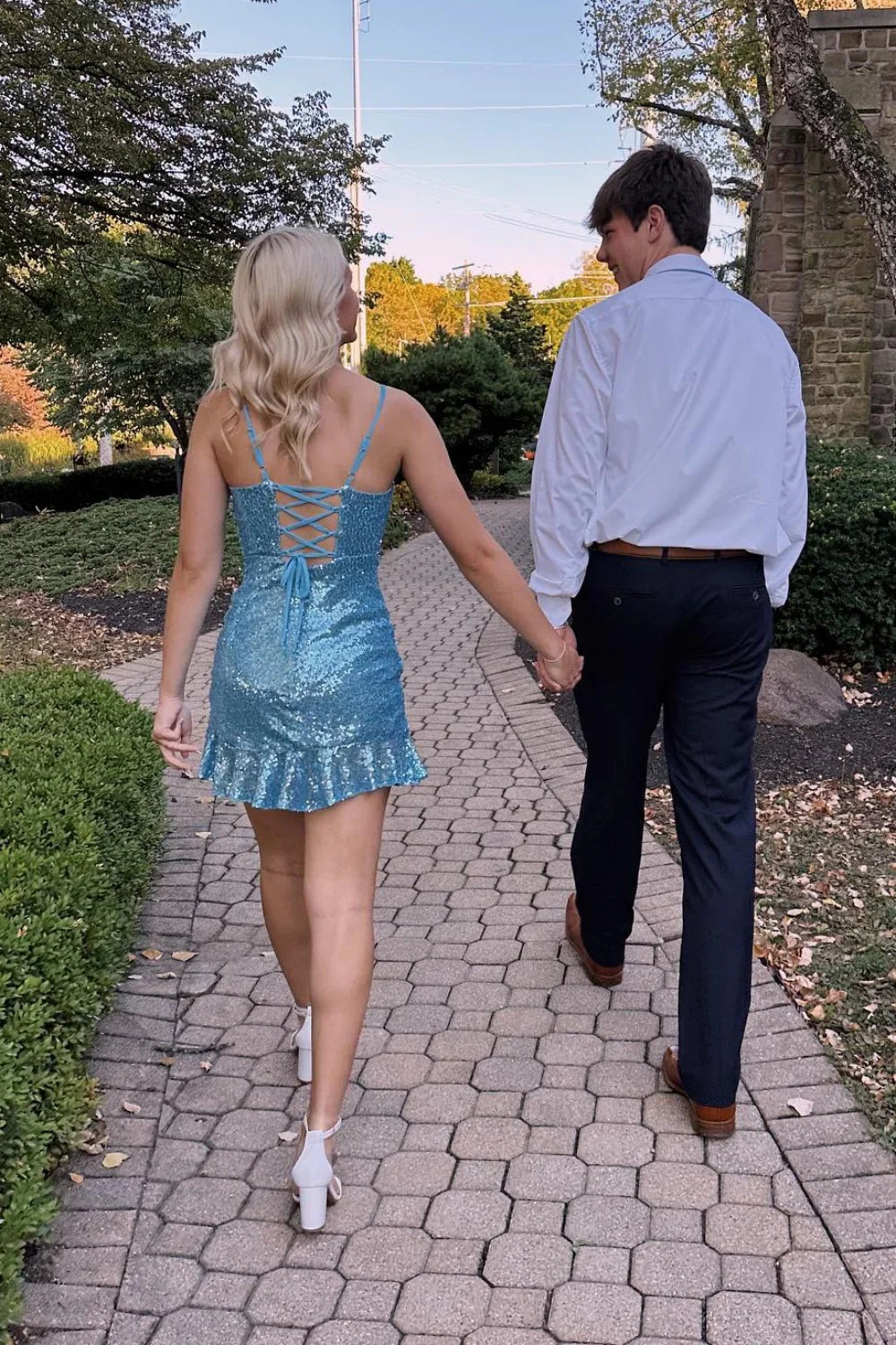Sparkly Fully Sequins Bateau Spaghetti Straps Homecoming Dress