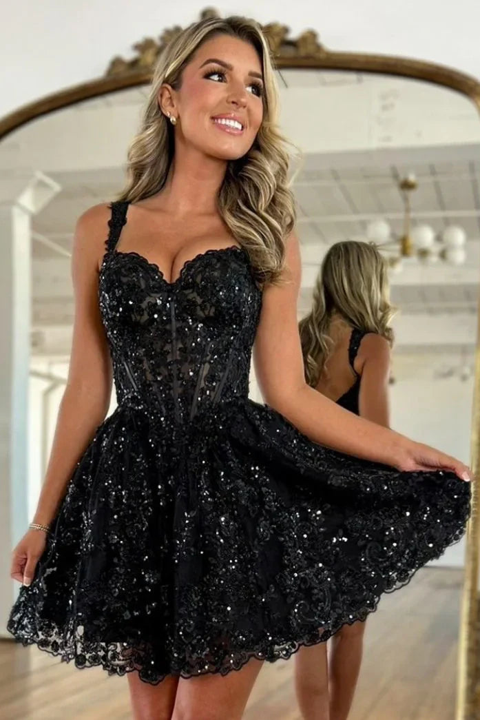 Sparkly Lace A-Line Sweetheart Sleeveless Homecoming Dress