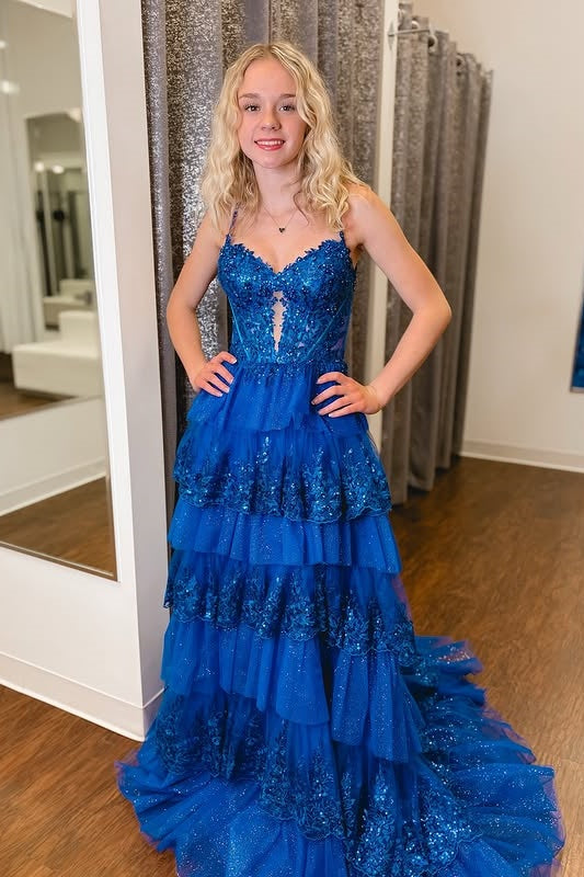 Sparkly Lace And Tulle A-Line Tiered Long Party Prom Dress