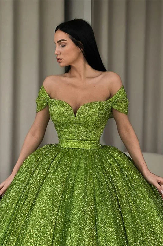Sparkly Off-Shoulder Empire A-Line Sequin Prom Gown