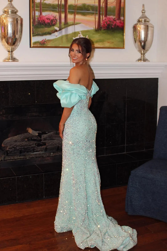 Sparkly Off-Shoulder Mermaid Sequin Party Prom Dress With Train