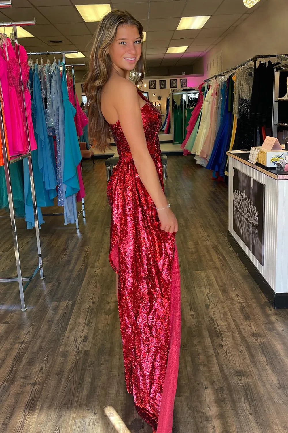 Sparkly One Shoulder Bodycon Empire Sequins Homecoming Dress