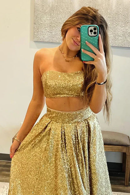 Sparkly Satin A-Line Two Piece Long Party Prom Dress