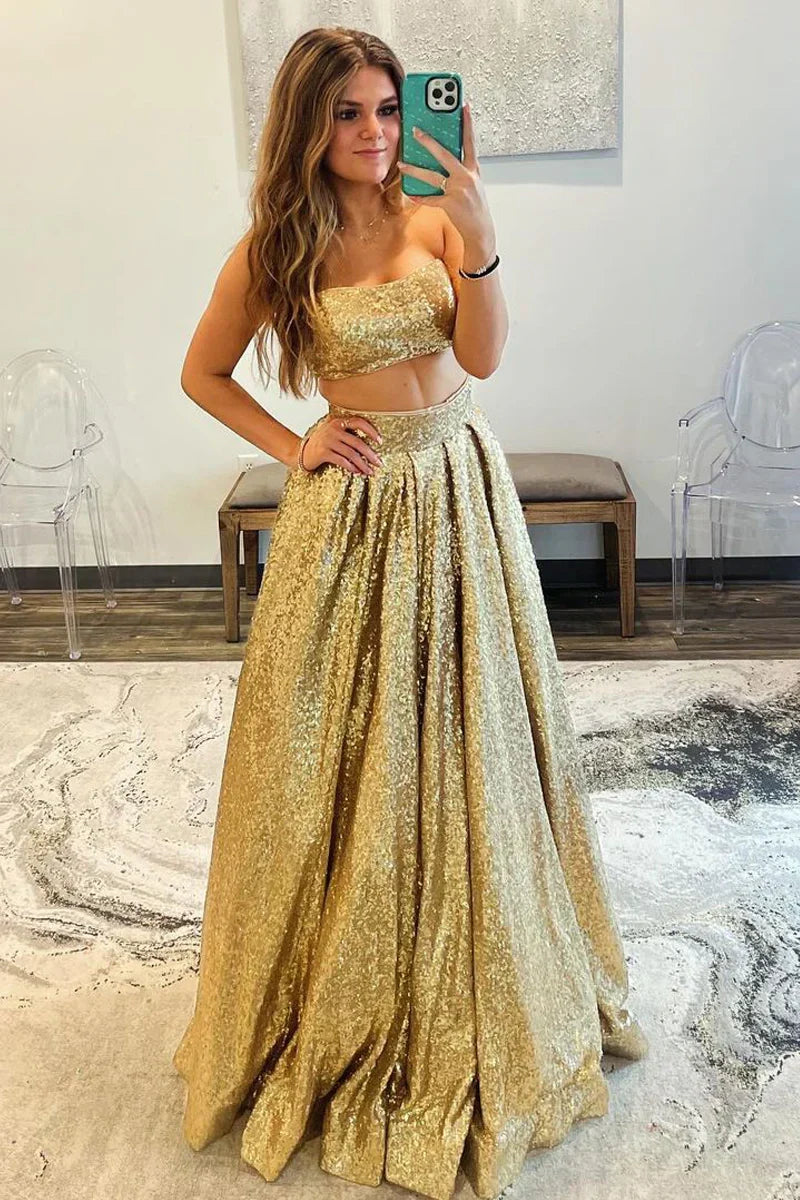 Sparkly Satin A-Line Two Piece Long Party Prom Dress