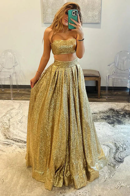 Sparkly Satin A-Line Two Piece Long Party Prom Dress