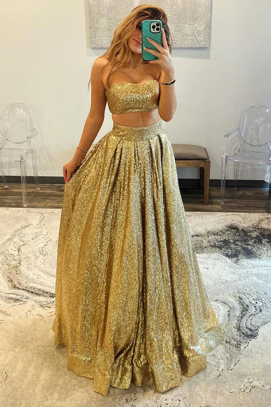 Sparkly Satin A-Line Two Piece Long Party Prom Dress