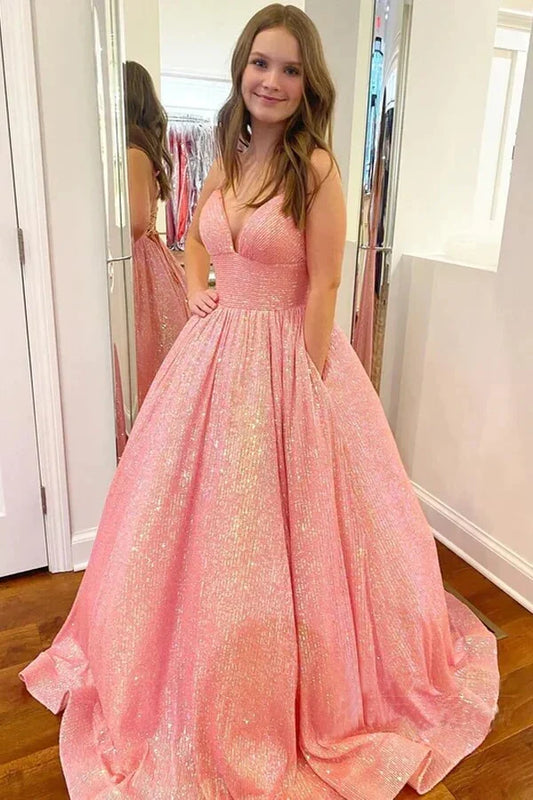 Sparkly Satin A-Line V-Neck Sleeveless Party Prom Dress