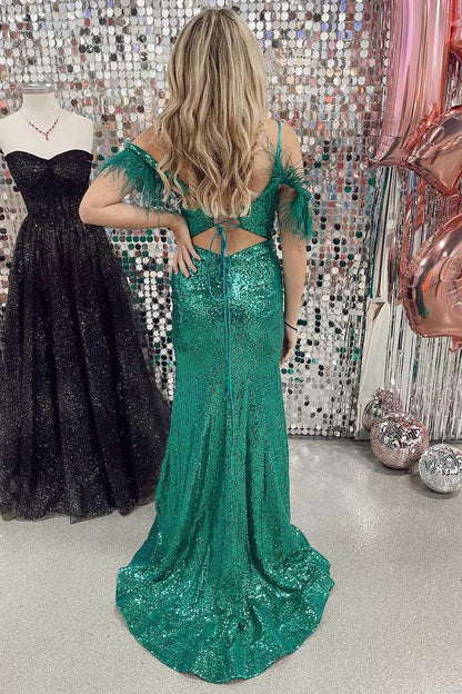 Sparkly Sequins Feathers Off-Shoulder With Side Slit Prom Dress