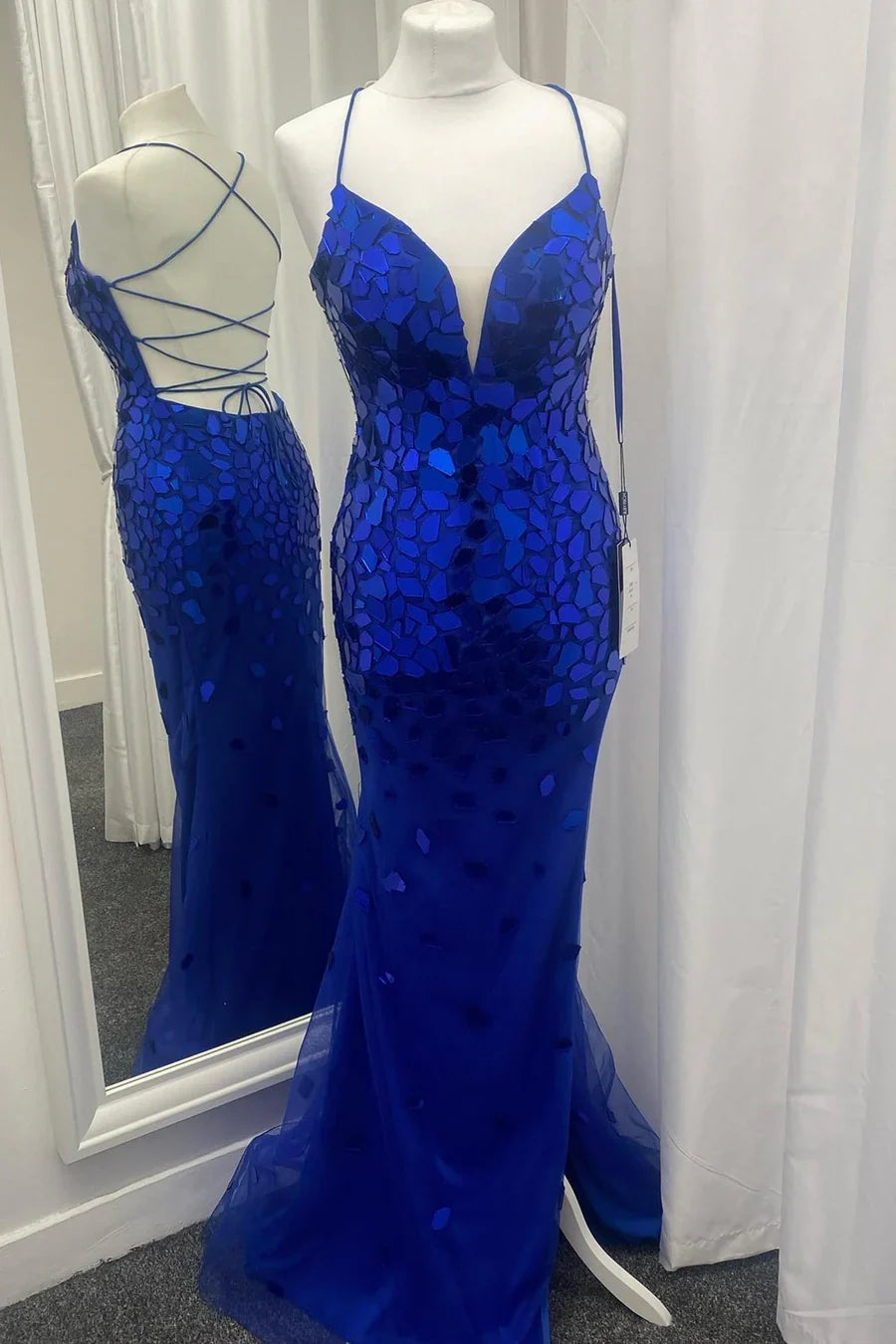 Sparkly Spaghetti Straps Lace Up Mermaid Beaded Party Prom Dress