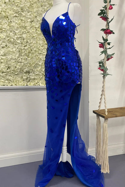 Sparkly Spaghetti Straps Lace Up Mermaid Beaded Party Prom Dress