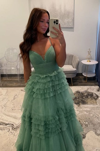 Sparkly Spaghetti Straps Tulle A-Line Tiered Party Prom Dress