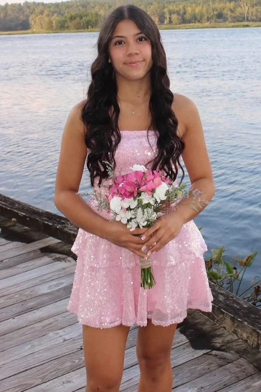 Sparkly Strapless Empire Ruffle A-Line Sequins Homecoming Dress