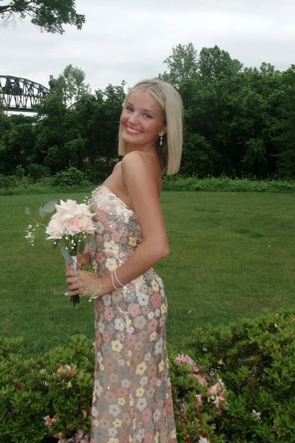 Sparkly Strapless Fitted Flowers Sequin Party Prom Dress