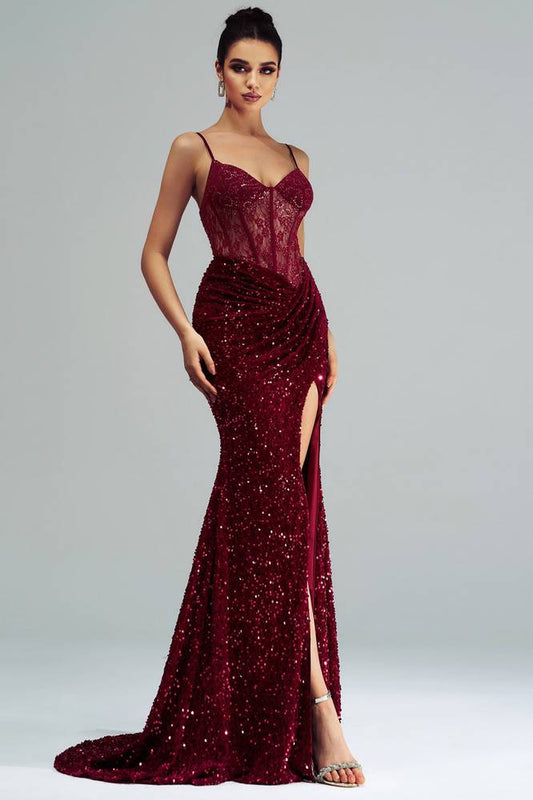 Sparkly Sweetheart Sleeves Mermaid Party Evening Dress With Slit
