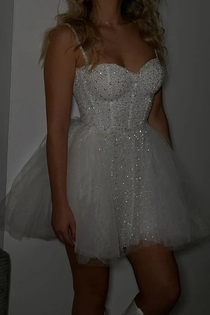 Sparkly Sweetheart Spaghetti Straps Tulle A-Line Homecoming Dress