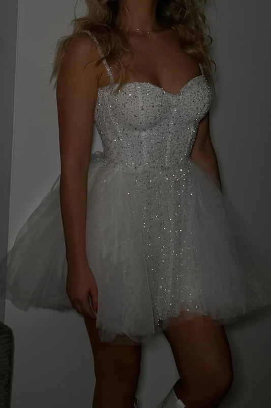 Sparkly Sweetheart Spaghetti Straps Tulle A-Line Homecoming Dress
