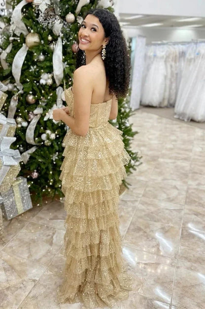 Sparkly Sweetheart Strapless Sequins Tiered Party Prom Dress