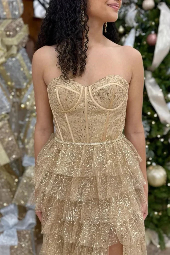 Sparkly Sweetheart Strapless Sequins Tiered Party Prom Dress