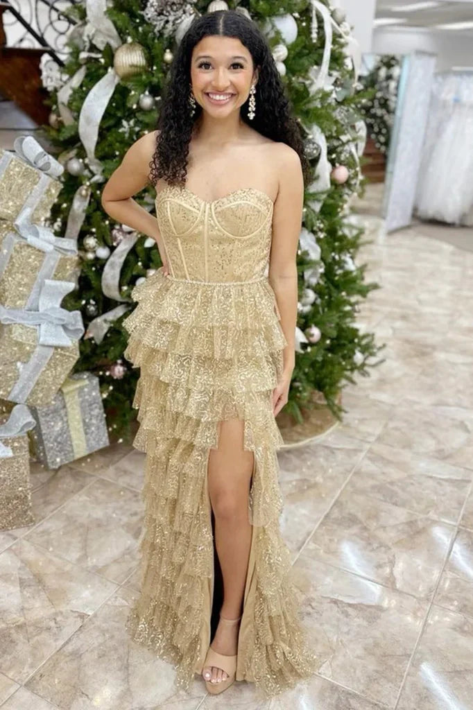 Sparkly Sweetheart Strapless Sequins Tiered Party Prom Dress
