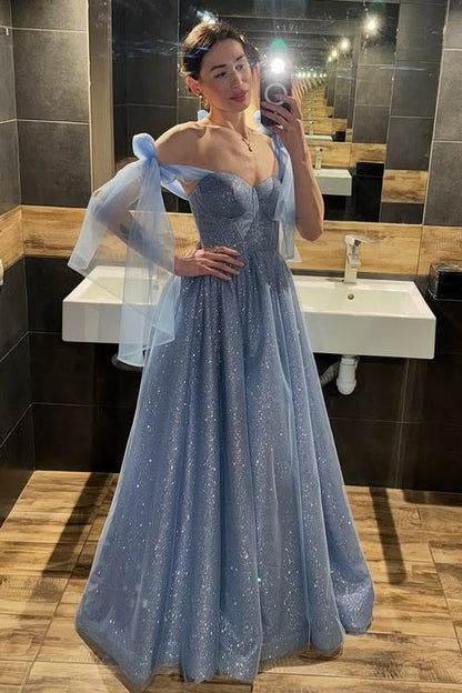 Sparkly Sweetheart Straps Satin A-Line Party Prom Dress With Slit