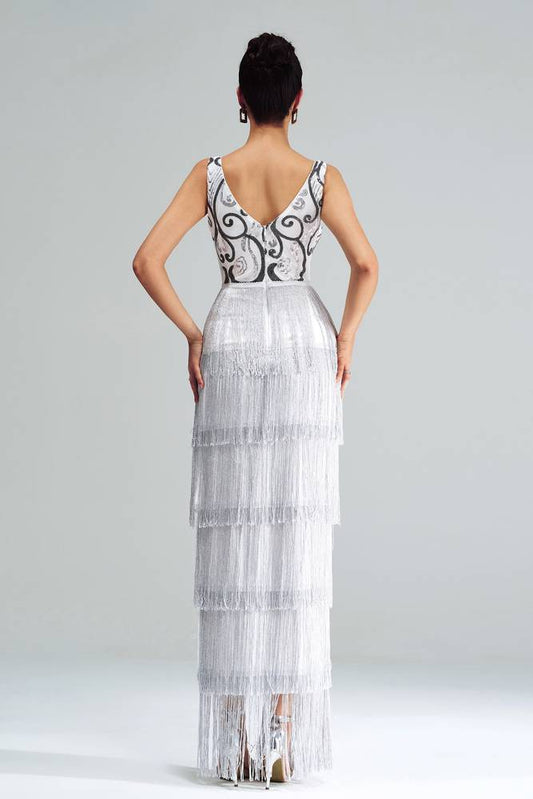 Sparkly Tiered Fringe V-Neck Party Evening Dress