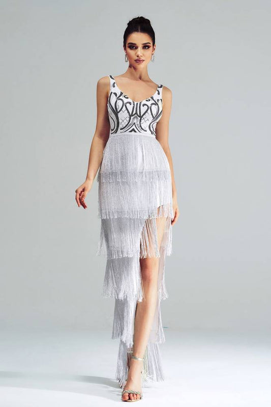 Sparkly Tiered Fringe V-Neck Party Evening Dress