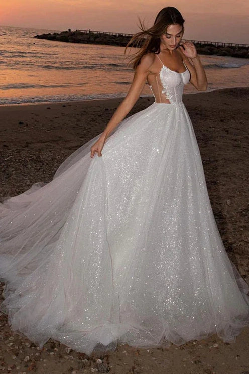 Sparkly Tulle A-Line Backless Bateau Beach Wedding Dress