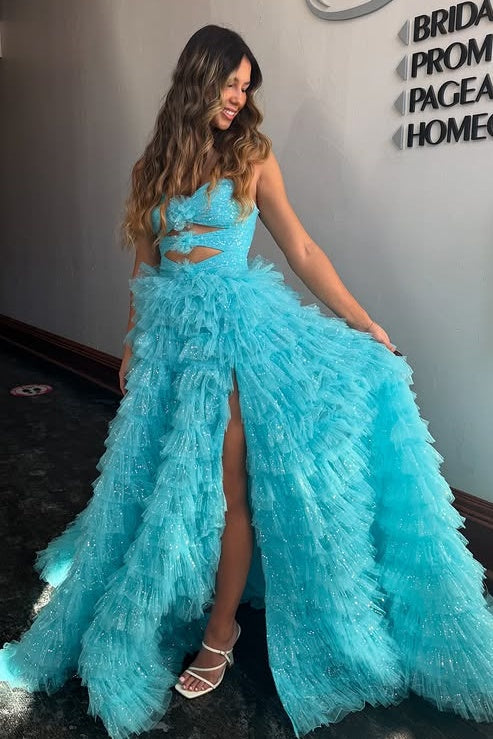 Sparkly Tulle A-Line Strapless Empire Tiered Party Prom Dress