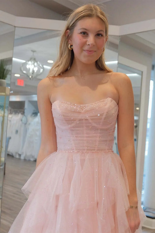 Sparkly Tulle A-Line Strapless Tiered Party Prom Dress