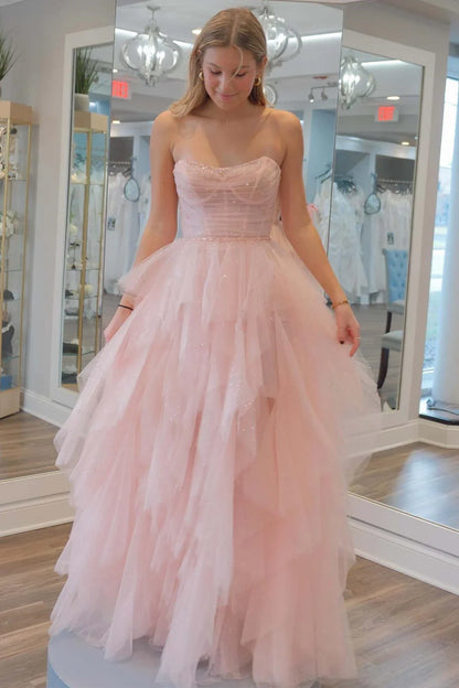 Sparkly Tulle A-Line Strapless Tiered Party Prom Dress