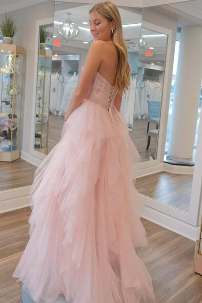 Sparkly Tulle A-Line Strapless Tiered Party Prom Dress