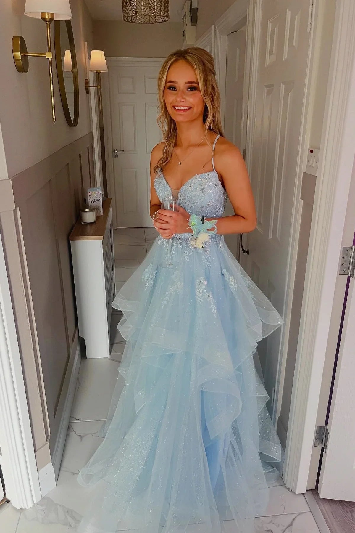 Sparkly Tulle A-Line Tiered Sweetheart Lace-Up Prom Party Dress