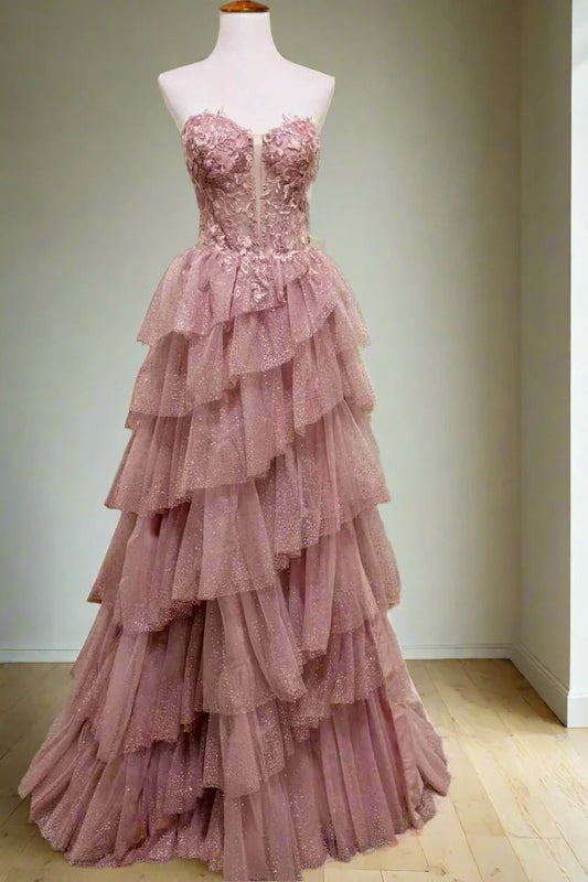 Sparkly Tulle A-Line Tiered Sweetheart Strapless Party Prom Dress