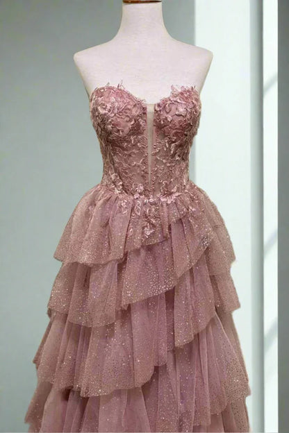 Sparkly Tulle A-Line Tiered Sweetheart Strapless Party Prom Dress