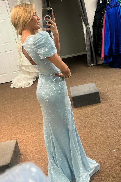 Sparkly V-Neck Short Sleeves Empire Mermaid Party Prom Dress