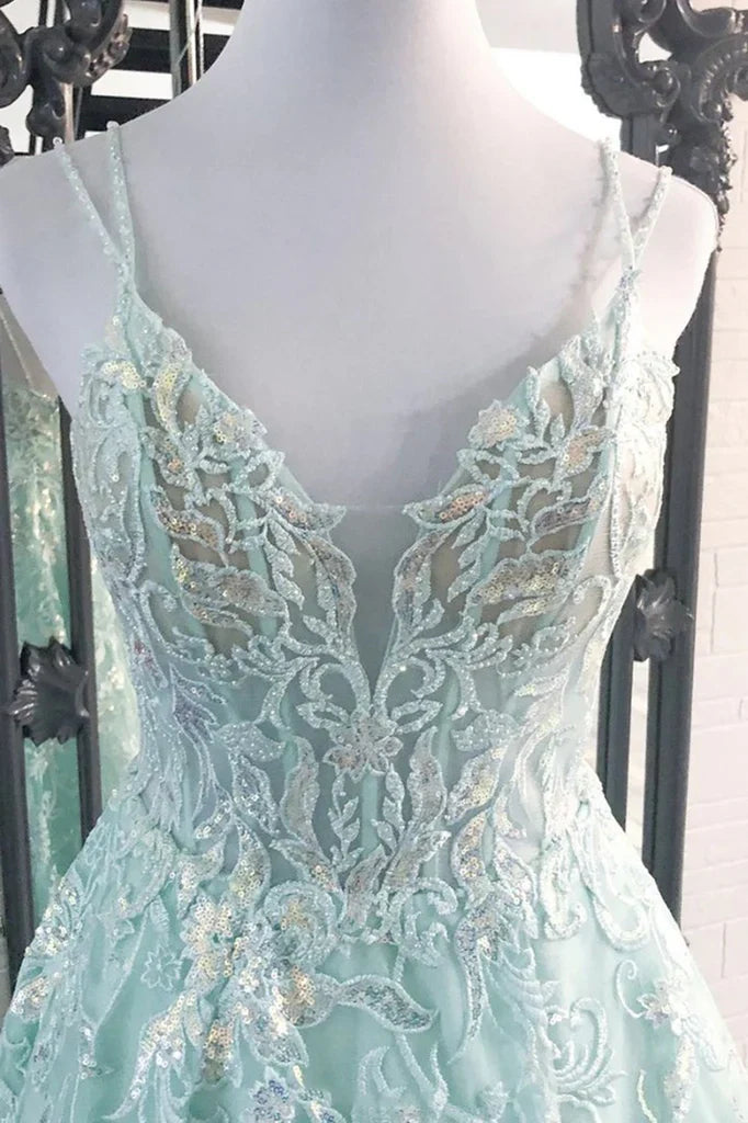 Sparkly V-Neck Sleeveless A-Line Appliques Modest Party Prom Dress