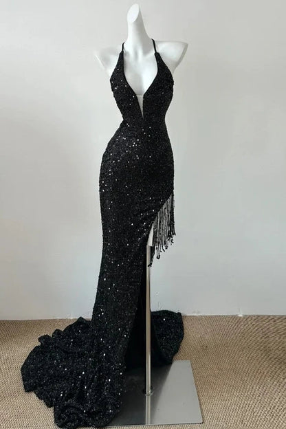 Sparkly V-Neck Sleeveless Sequins Party Prom Dress With Tassels