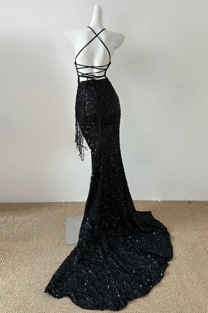 Sparkly V-Neck Sleeveless Sequins Party Prom Dress With Tassels