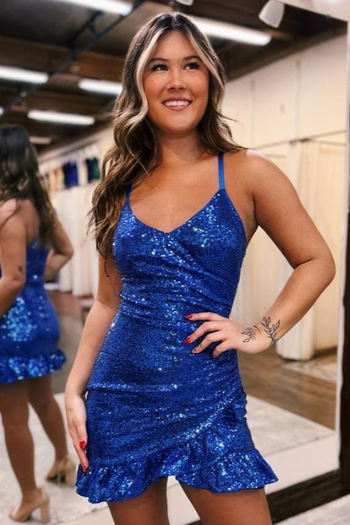 Sparkly V-Neck Spaghetti Straps Empire Homecoming Dress