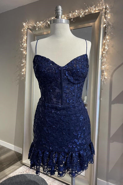 Sparkly V-Neck Spaghetti Straps Lace Appliques Homecoming Dress