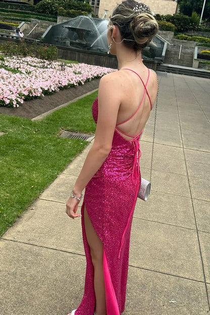 Sparkly V-Neck Spaghetti Straps Lace Up Sequins Party Prom Dress