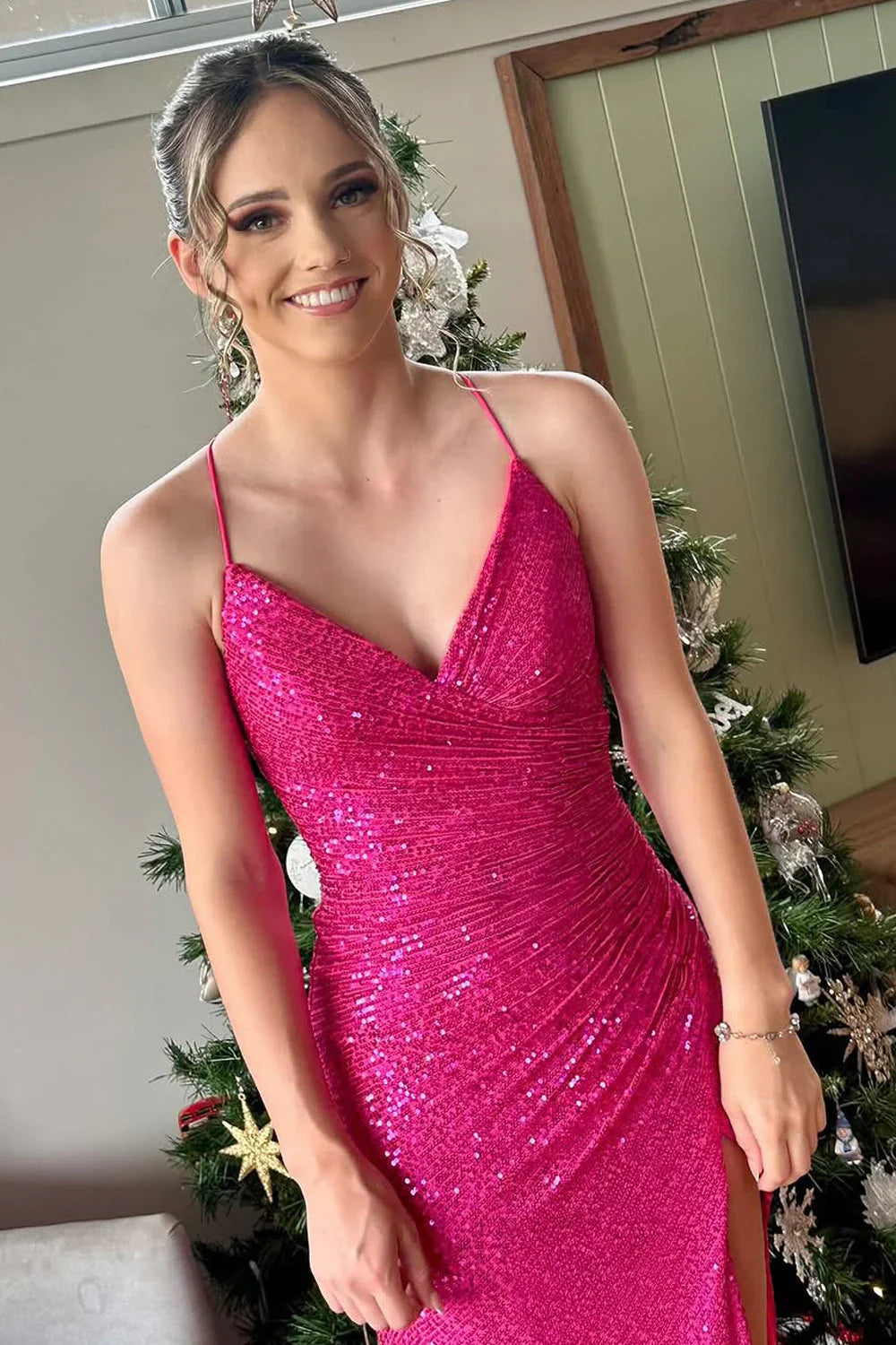 Sparkly V-Neck Spaghetti Straps Lace Up Sequins Party Prom Dress