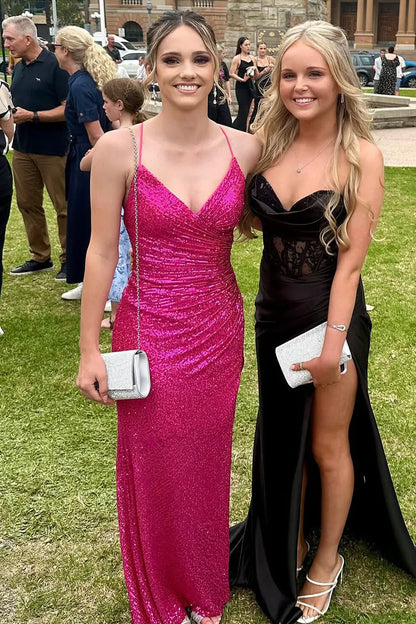 Sparkly V-Neck Spaghetti Straps Lace Up Sequins Party Prom Dress