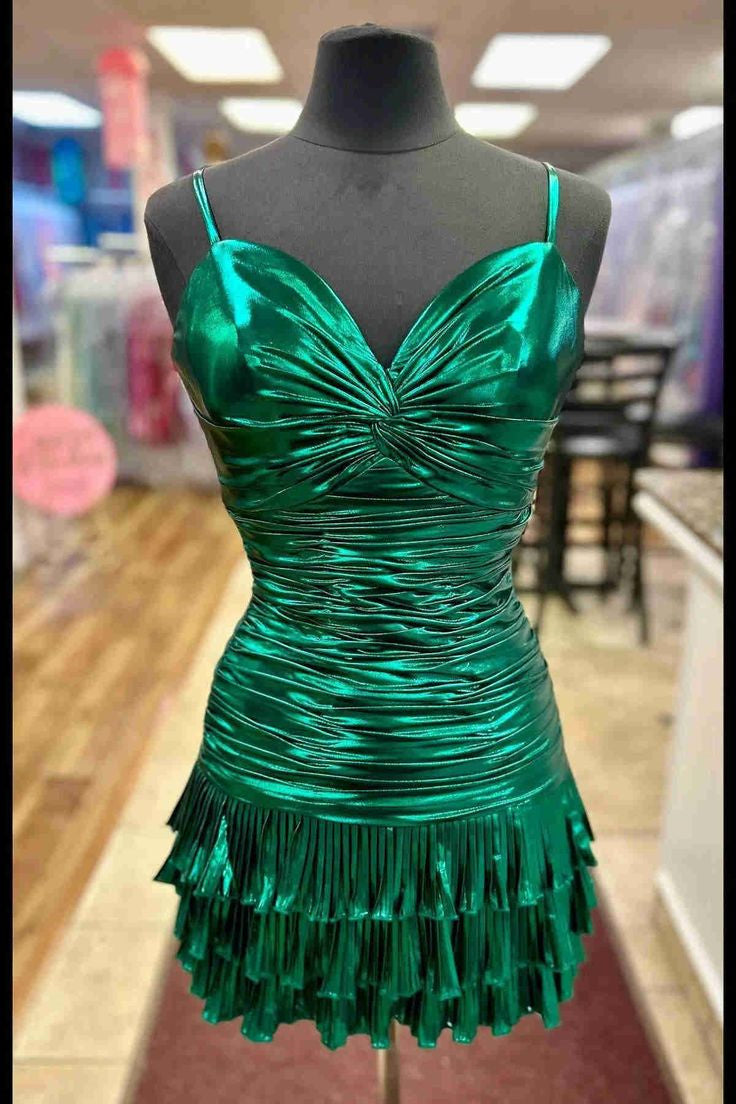 Sparkly Metallic Straps Knotted Short Homecoming Dress with Ruffles