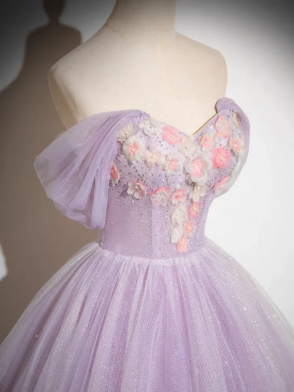 Elegant A Line Off the Shoulder Appliques Tulle Prom Dress Ball Gown SH1732