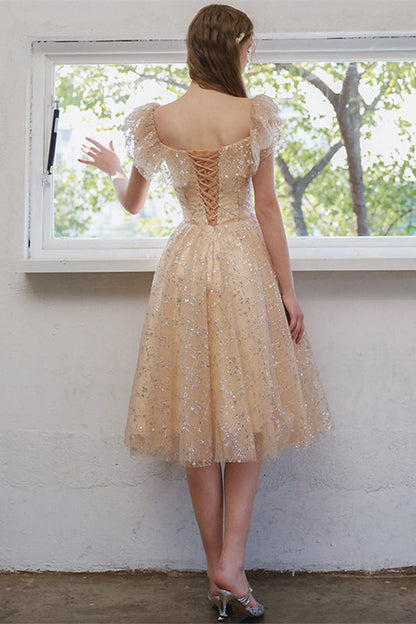 Square Neck Short Champagne Party Dress